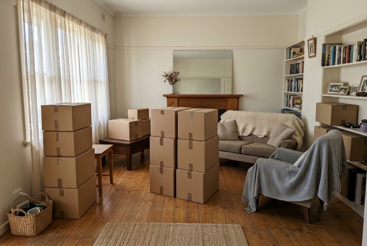Packed moving boxes and covered furniture during a downsizing job