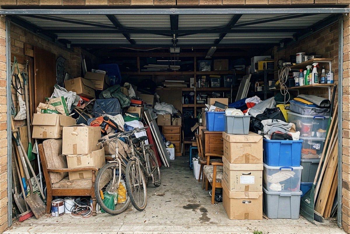 A garage packed with boxes, furniture and household rubbish before a clear out